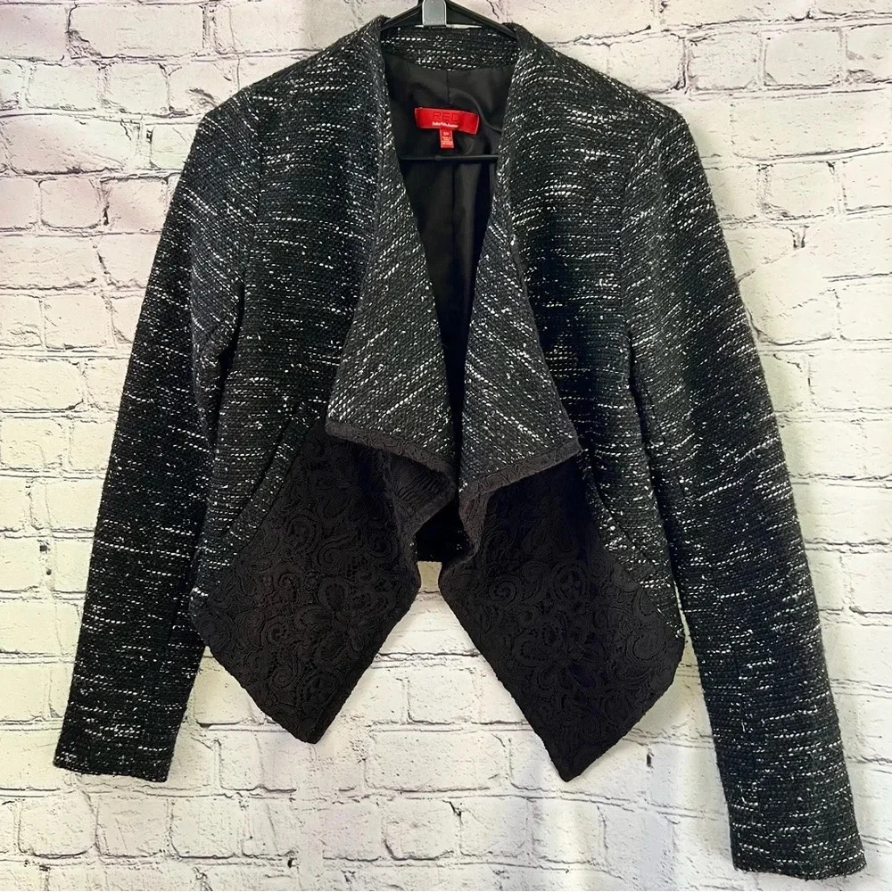 Saks Fifth Avenue Red Label Open Front Black Tweed Wool Blend‎ Blazer Lace Small